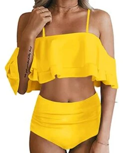 Two Piece Cute Ruffle Sleeve High Waisted Bikini Set Swimsuit-Neon Yellow