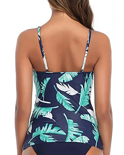 Adjustable Neck High Neck Tankini Tops For Women's Swimwear-Blue Leaf - Image 2