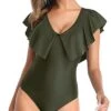 V Back Design Tummy Control One Piece Swimsuit For Women-Army Green