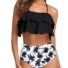 Modest High Waisted Two Piece Swimsuit Tiered Ruffles For Girls-Black Palm Tree