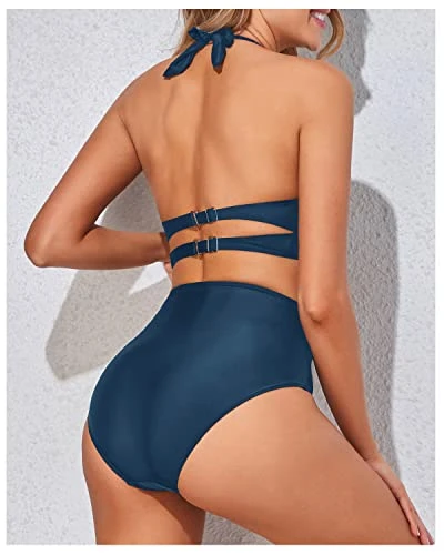Stylish Double Buckles Two Piece High Waisted Bikini Set-Teal - Image 3