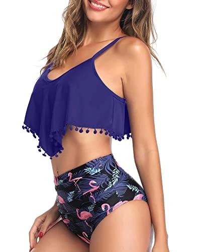 Tassel Trim Chic Tropical High Waisted Bikini-Blue Flamingo - Image 3