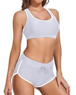 Women Sporty Racerback Crop Top Shorts Bathing Suits-Light Gray