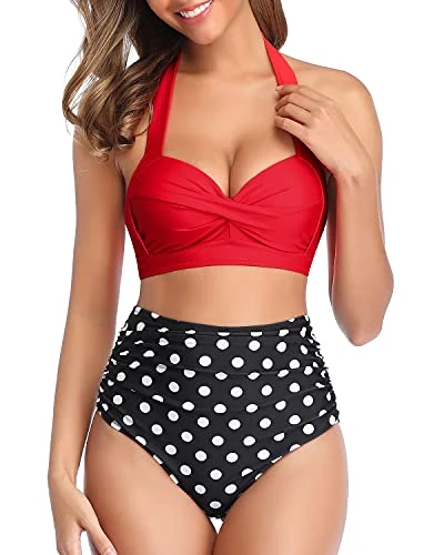 Two Piece Vintage Swimsuit High Cut Bikini Bottom-Red Dot - Image 2