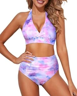 Halter Push Up Tummy Control Two Piece Bikini Set For Women-Color Tie Dye