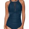 Mesh High Neck Plunge Women's One Piece Swimsuit-Blue