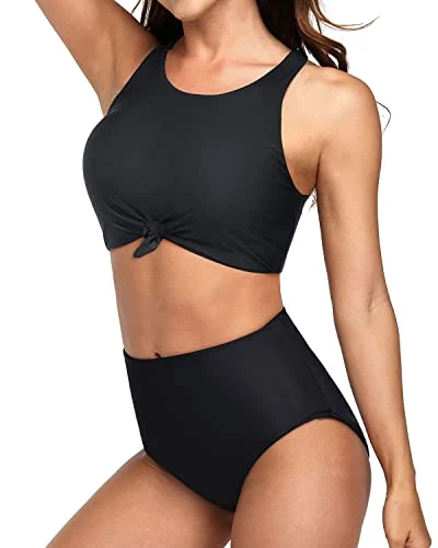 2 Piece Sporty High Neck Tie Knot Bikini Set Bottom-Black - Image 3