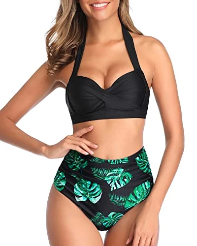 Two Piece Vintage Swimsuit Vintage High Waisted Bikini-Black Leaf - Image 2