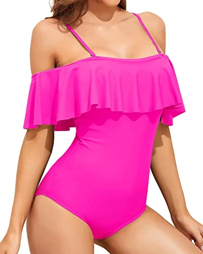 Off Shoulder Ruffled Retro Bathing Suit Flounce Printed One Piece Swimsuit-Neon Pink - Image 2