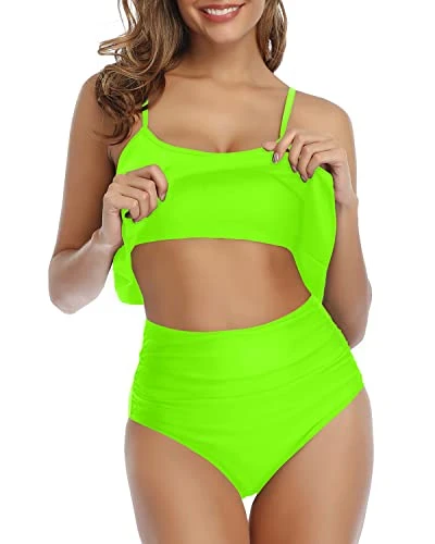 Two Piece Ruffle Bikini Removable Padded Cups-Neon Green - Image 2