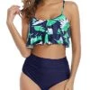 Sexy Ruffle High Waisted Ruched Women's 2 Piece Bikini Set-Blue Leaf