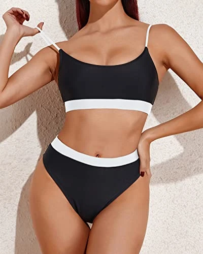 Female Curves Enhancing High Waisted Bikini Sporty Scoop Neck Swimsuits-Black And White - Image 4
