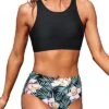 Women Adjustable Strap Removable Padded Bra Bikini Set-Black Floral