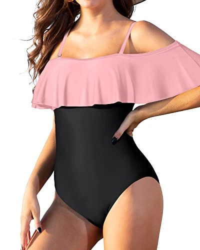 Padded Bra Off Shoulder One Piece Swimsuit For Women-Pink And Black - Image 3