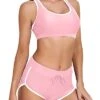 Sporty Women's Bikini Set Racerback Crop Top And Shorts-Pink White