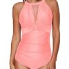 Women's Plunge Neckline Ruched Mesh Monokini One Piece Swimwear-Coral Pink