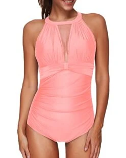 Women's Plunge Neckline Ruched Mesh Monokini One Piece Swimwear-Coral Pink