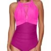 Sexy One Piece High Neck Ruched Monokini Swimwear For Women-Phosphor And Dark Pink