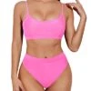 Two Piece High Waisted Bikini Sporty Scoop Neck Swimsuits-Light Pink