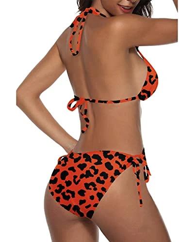 Alluring Tie Side Bottom Bikini Sets For Women-Orange And Leopard - Image 2