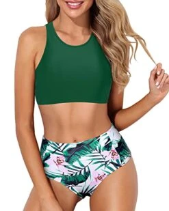 Full Coverage High Neck Racerback Two Piece Bikini Set-Green Tropical Floral