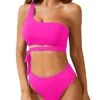 High Waisted Two Piece Bathing Suit Tie Bikini Set-Neon Pink