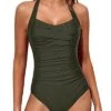Women Tummy Control Slimming One Piece Swimwear-Army Green