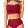 Push Up Bra Adjustable Shoulder Straps And Ruffled Bikini-Red