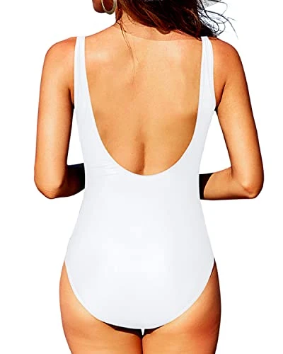 Vintage Tummy Control Ruched Tummy Control Swimwear-White - Image 3