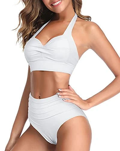 Two Piece Halter Ruched Highwaist Bikini Adjustable Straps Bathing Suit-White - Image 3