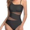 Sexy Cutout Mesh Inserts One Piece Swimsuit For Curvy Women-Black