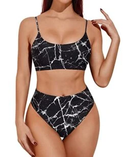 Tummy Control High Waisted Bikini Sporty Scoop Neck Swimsuits-Black Marble
