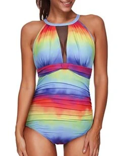 Sleek Tummy Control High Neck Ruched Monokini For Women-Color Tie Dye