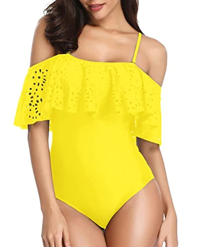 Lace Hollow Out Ruffle Flounce Off Shoulder 1 Piece Swimsuits For Women-Neon Yellow - Image 4