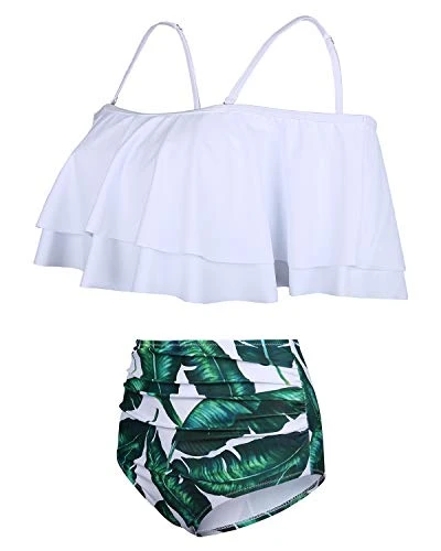 Fashionable Off Shoulder Tummy Control Bikini Set-White Leaf - Image 3