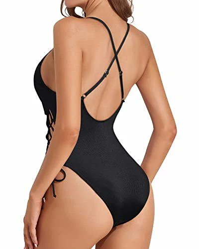Deep Plunge V Neck Sexy One Piece Swimsuit For Women-Black - Image 4