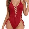 Deep Plunge V Neck Bathing Suits Womens 1 Piece Swimsuits-Red