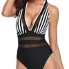 Curve-Contouring Criss-Cross Back Bathing Suit Monokini Swimsuits-Black And White Stripe