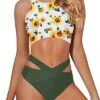 Flattering Racerback Zipper Tank Top Two Piece High Neck Bikini Set-Sunflower
