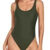 Sexy Low Back Scoop Neck Retro 80S High Cut One Piece Swimsuit-Army Green