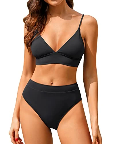 Sexy High Waisted Bikini Set Two Piece Triangle Bathing Suits-Black