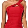 Classy Ruched Tankini Top Asymmetric Cut Swim Tops-Red