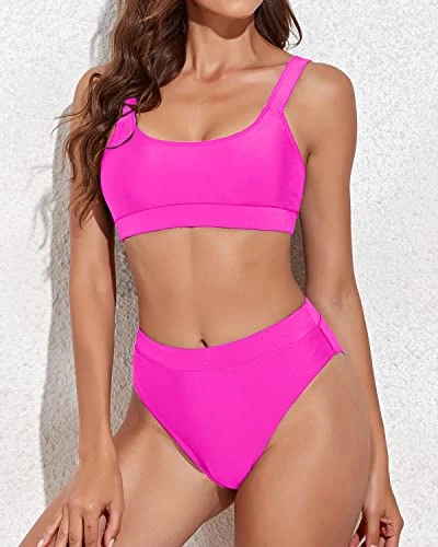 Women High Cut Cheeky Design Bikini High Rise Athletic Bikini-Neon Pink - Image 4