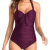 Retro Vintage Ruched Tummy Control One Piece Swim Suit-Maroon