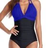 Sexy Plunge Deep V Neck Swimsuits Long Torso 1 Piece Swimwear-Royal Blue And Black