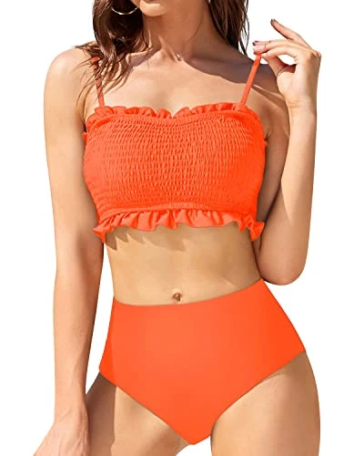 Women's Sexy Two Piece Bandeau Bikini Ruffled Bikini-Neon Orange