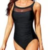 Vintage Tummy Control Mesh One Piece Swimsuits Padded Push Up Bra-Black