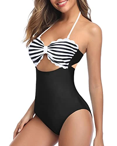 Women's High Waist Ruched Tummy Control Swim Bottoms-Black And White Stripe - Image 4
