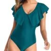Women's Sexy Ruffle Flounce Sleeve V Neck One Piece Swimsuit-Teal