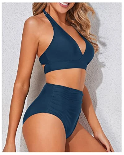 Stylish Double Buckles Two Piece High Waisted Bikini Set-Teal - Image 2